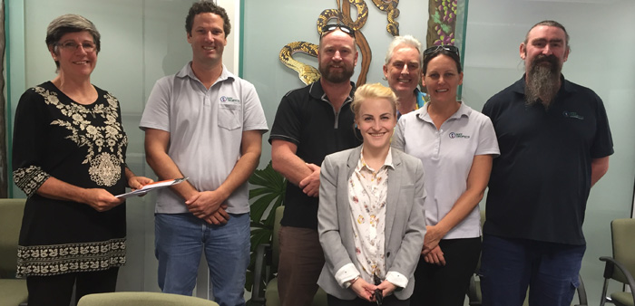 Our outreach officer Shannan Langford Salisbury (front) with Cathy Retter from Envirocare, Chris Clerc from the Wet Tropics Management Authority, Gary Morton from Biosecurity Queensland, and Max Chappell, Lucy Karger and Gareth Humphreys from the authority