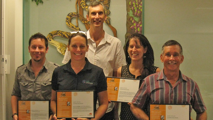 Invasive Species Council CEO Andrew Cox (back) presents Froggatt Awards to (L-R) Cairns Post journalist Daniel Bateman, Wet Tropics Management Authority’s Lucy Karger, James Cook University’s Dr Lori Lach and Edmonton cane farmer Frank Teodo for their work on yellow crazy ants in the Wet Tropics World Heritage Area. Photo: Jaana DIelenberg